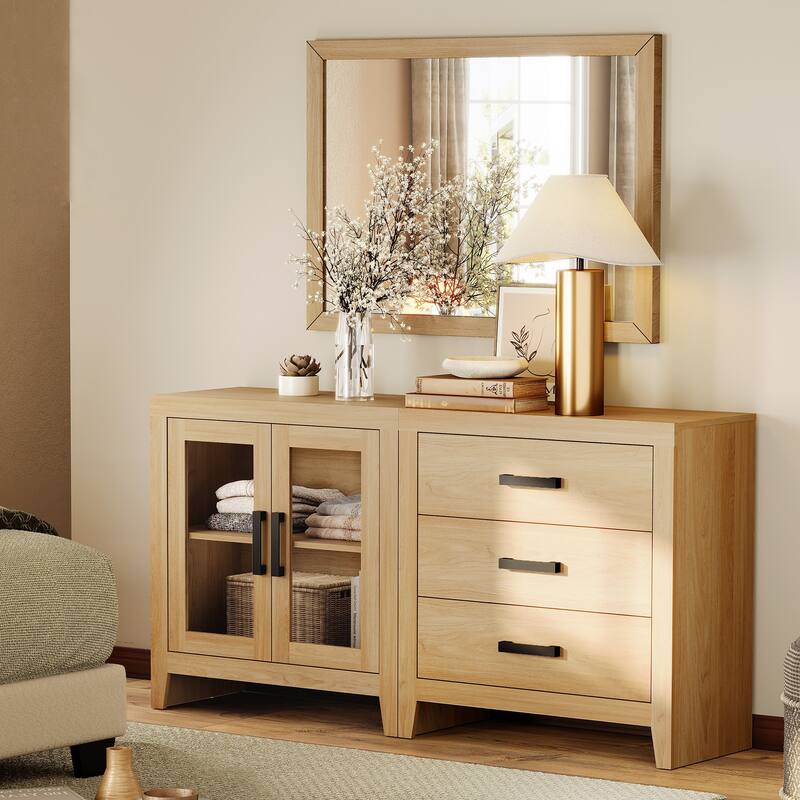 WAMPAT Farmhouse Buffet Cabinet, 2-Piece Sideboard with Glass Door & Storage Drawers for Kitchen