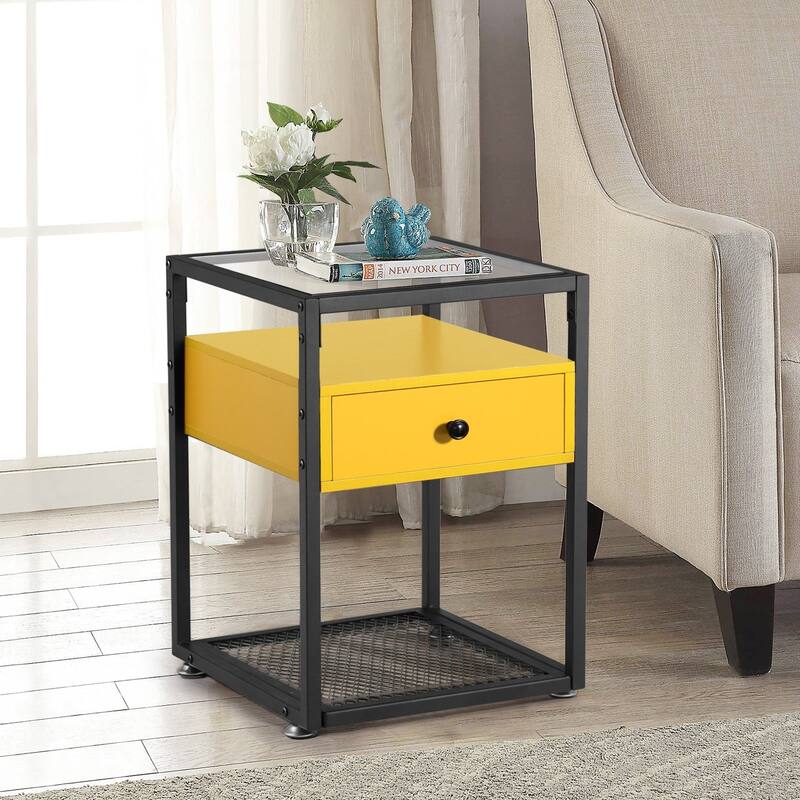 VECELO Modern 1- Drawer Nightstands with Tempered Glass Top