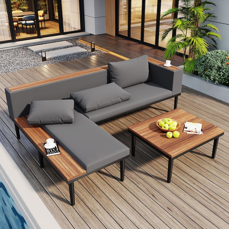 Luxury Patio Furniture Set with Removable Cushions and Coffee Table, L-Shaped Acacia Wood Sofa with Side Table