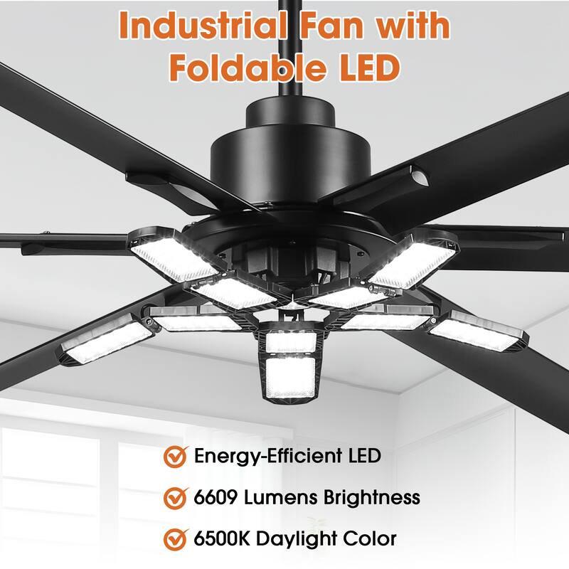 72" Industrial Matte Black Garage Large Ceiling Fan with Foldable LED Light and Remote