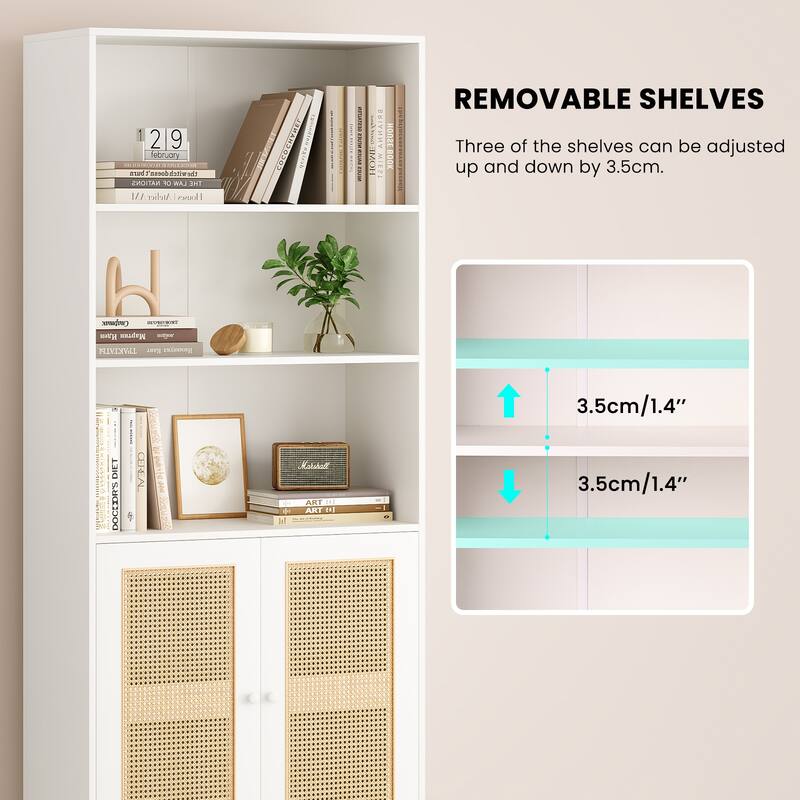 Tall Bookcase with Rattan Doors,5 Tier Storage Wood Shelves Large Bookshelf for Library Living Room Bedroom Home Office