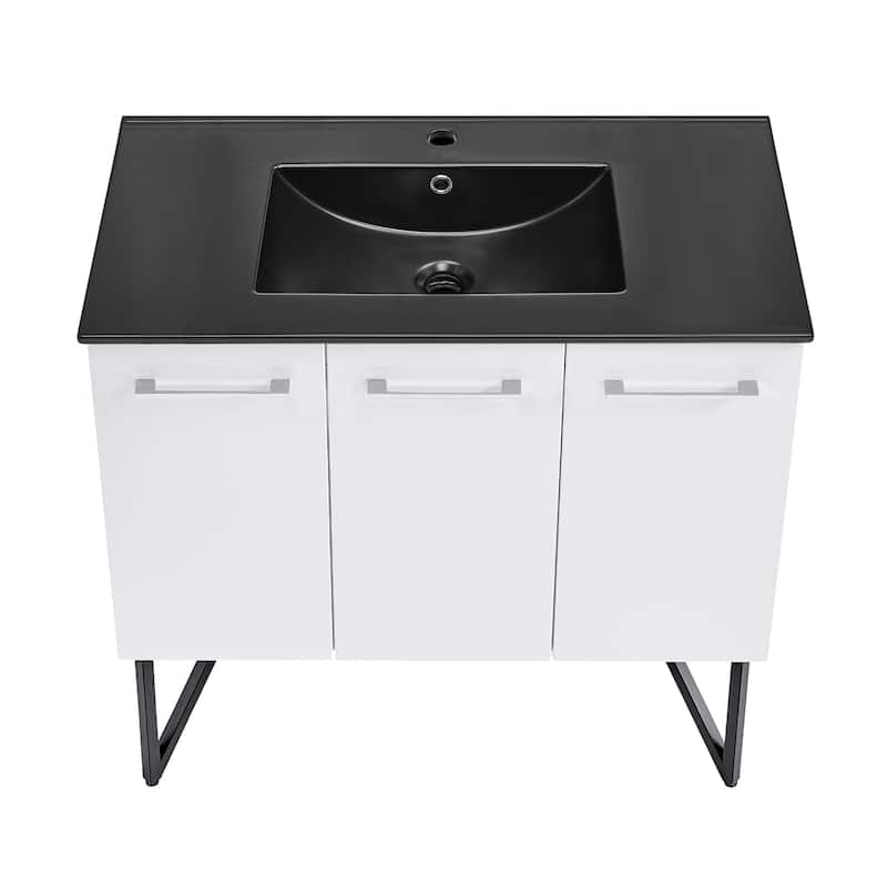 Annecy 36 In. White Bathroom Vanity With Black Ceramic Sink Top
