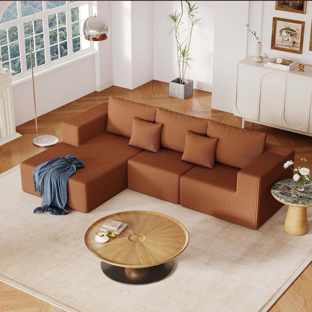 108.3" L Shape Corduroy Modular Cloud Sofa in Reddish Brown