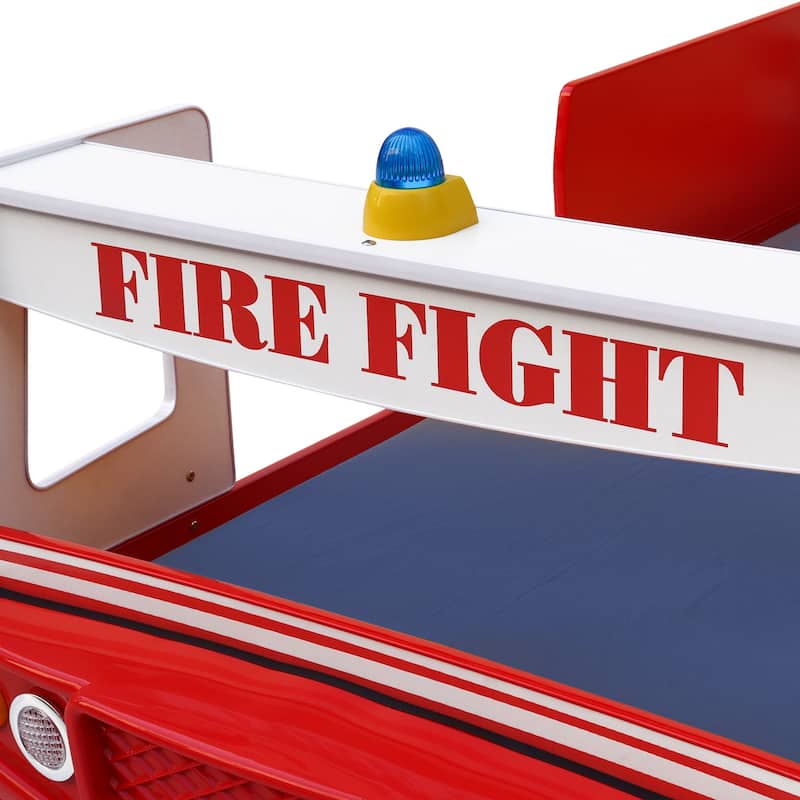 Kids Fire Truck Floor Bed with LED Light, Twin Size, Easy Assembly, Solid Construction