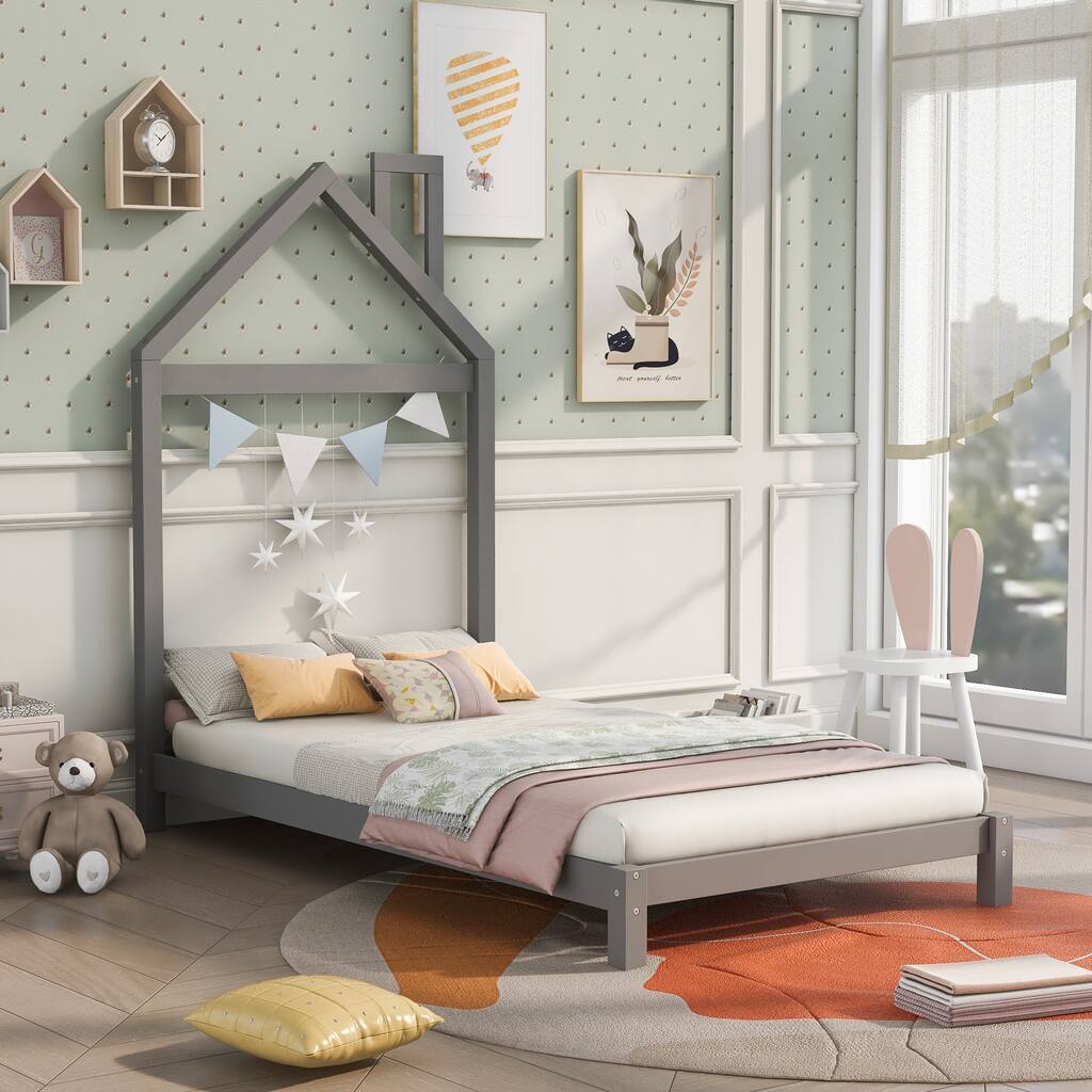 Gray Twin Size Wood Platform Bed with House-shaped Headboard
