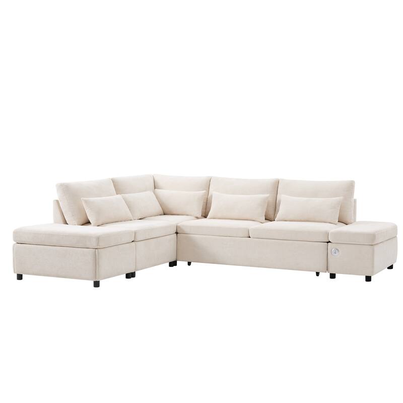 Modular Pull-Out Sectional Sofa Bed with Adjustable Charging Armrest and Storage Ottoman for Living Room Apartment