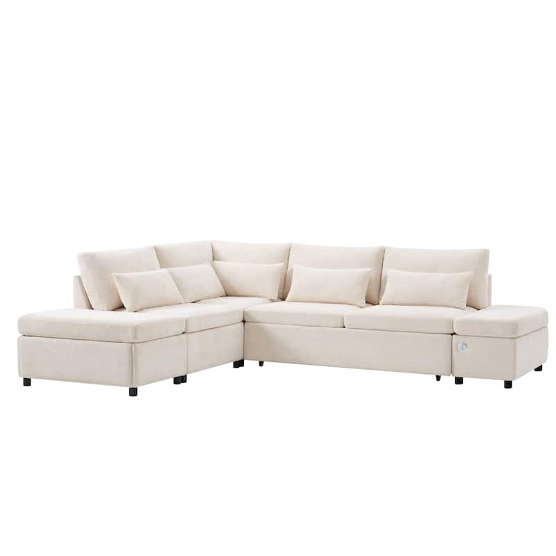 Roomfitters 107'' L-Shaped Sleeper Sectional Sofa Bed with Pull-Out Couch, USB & Type-C, Storage Ottoman