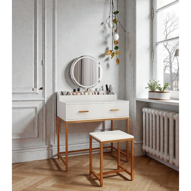 White & Gold Vanity Set with Mirror and Stool, Makeup Table with Drawers and Organizer, Compact Space-Saving Design White & Gold Vanity Set with Mirror and Stool, Makeup Table with Drawers and Organizer, Compact Space-Saving Design
