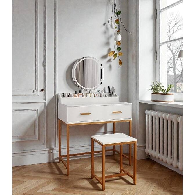 White & Gold Vanity Set with Mirror and Stool, Makeup Table with Drawers and Organizer, Compact Space-Saving Design