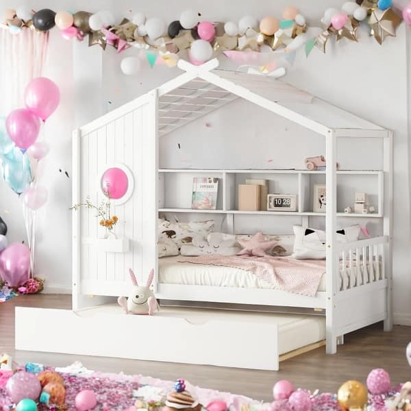 slide 2 of 36, Modern Design Twin Size House Bed With Wooden Trundle White
