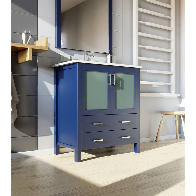 Bathroom Vanity with Ceramic Top, 28" x 32" Mirror, Soft Close Cabinet & Drawers, Scratch & Stain Resistant