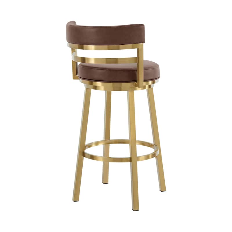HomeRoots 26" Coffee and Gold Faux Leather and Stainless Steel Low Back Counter Height Swivel Bar Chair
