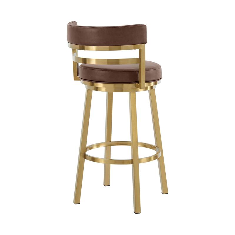 HomeRoots 30" Coffee and Gold Faux Leather and Stainless Steel Low Back Bar Height Swivel Bar Chair