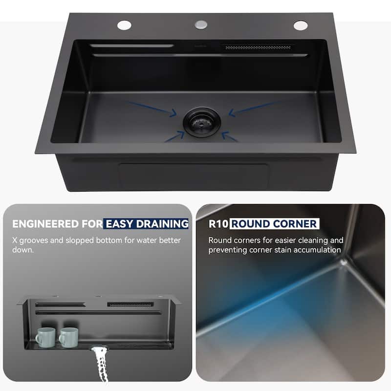 Lordear 31" Kitchen Sink Drop In Flying Rain Waterfall Stainless Steel Sink with Cup Washer and Pull Out Faucet