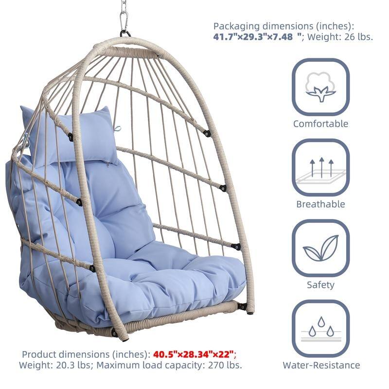 Rattan Egg Swing Chair – PE Wicker Hanging Chair For Garden, Patio & Outdoor Relaxation - 28.34in. W X40.50in.DX22.00in. H
