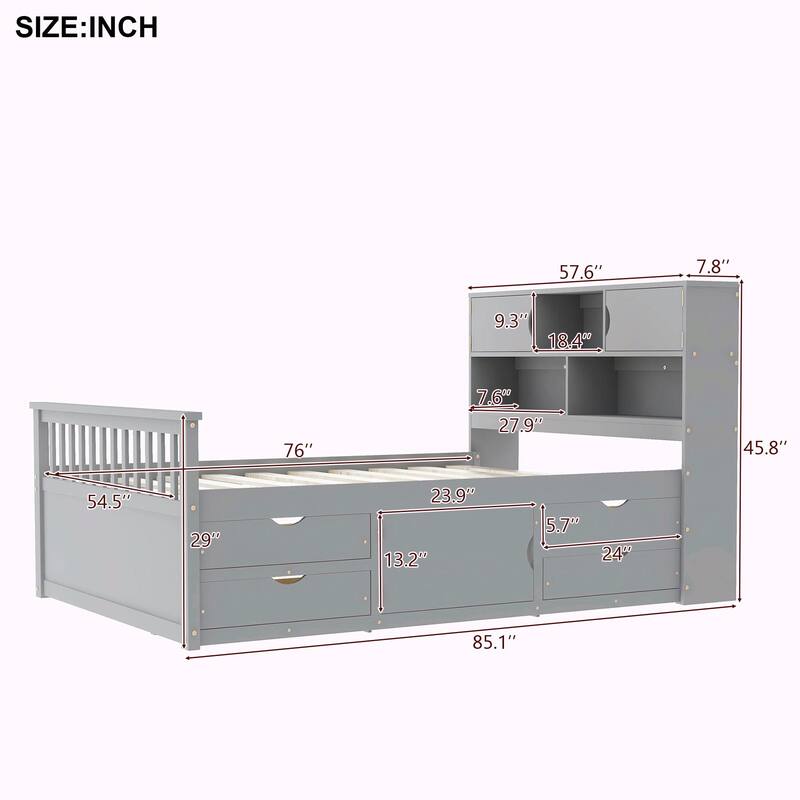 Captain Platform Bed Frame with Storage Bookcases, Shelves & Four Drawers