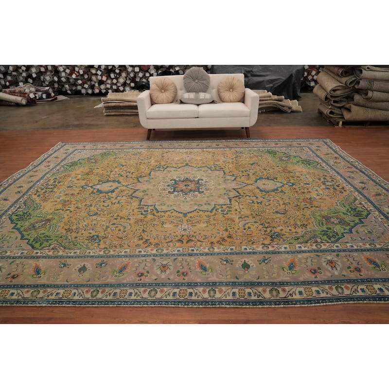 Hand Knotted Oriental 100% Wool Carpet Traditional Floral Oranges & Rust Tabriz Area Rug - 12' 7'' X 9' 10''