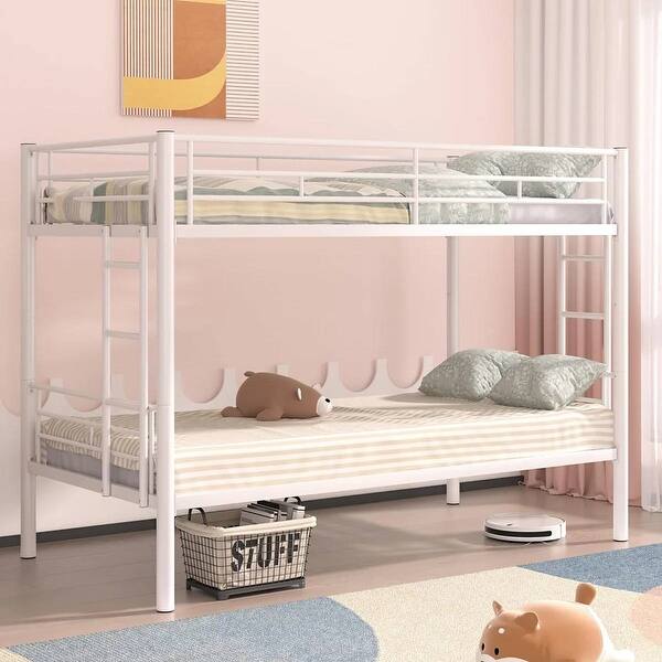slide 2 of 15, Metal Twin Over Twin Bunk Bed Frame with Side Ladders, 13inch Under-Bed Storage, Squeak-Resistant, Full-Length Guardrails White