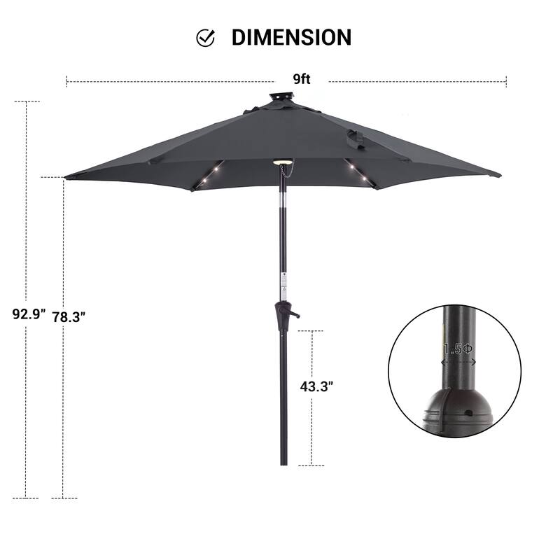 BONOSUKI Aluminum 9ft LED Patio Umbrella w/200gsm solution-dyed fabric