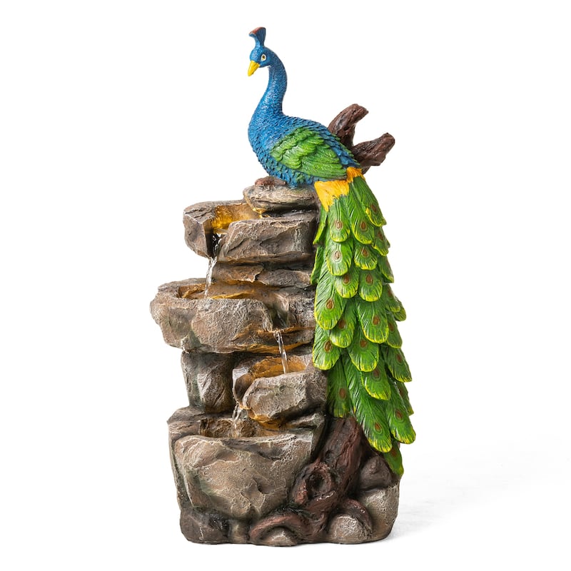 Glitzhome 20.5"H 4-Tierd Lighted Peacock Stacked Stones Polyresin Outdoor Floor Fountain