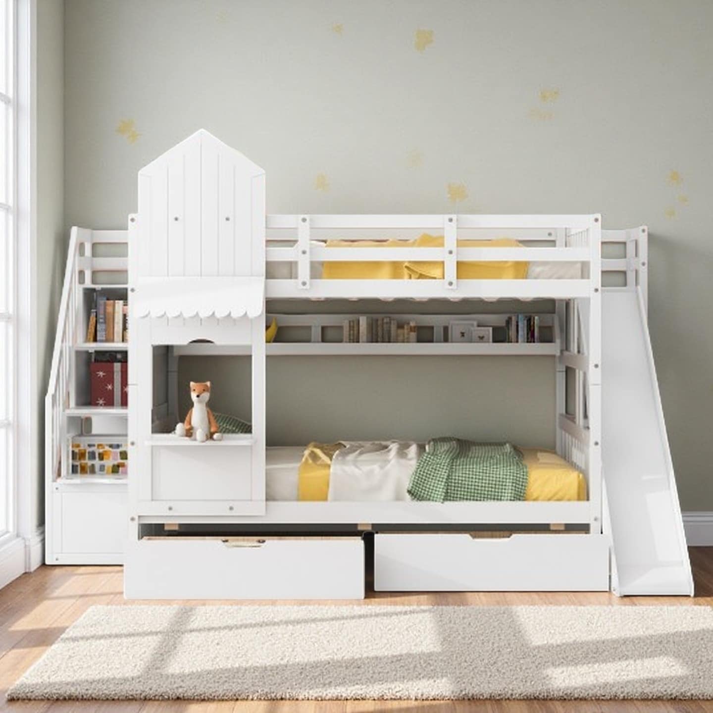 Full Size Playhouse Bunk Bed Frame with Slide, Dual Full Beds, Built-In Drawers and Display Shelves, Castle-Inspired Bunk Bed