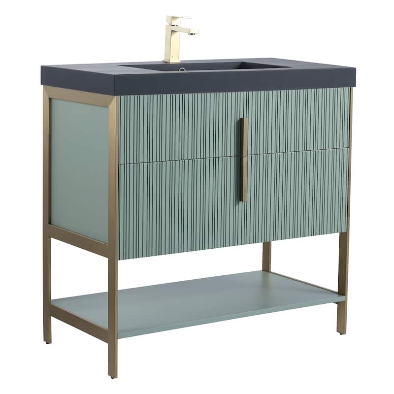 Fine Fixtures Serenity Modern Bathroom Vanity with Black Gel Acrylic Top - Mint Green - Brass Hardware - 36 inch