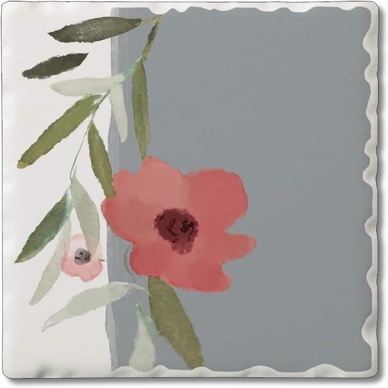 Grey Pink Flower 4 Pack Single Absorbent Stone Coaster with Protective Cork Backing Made in The USA 4" Square, Wipes Clean - Multi