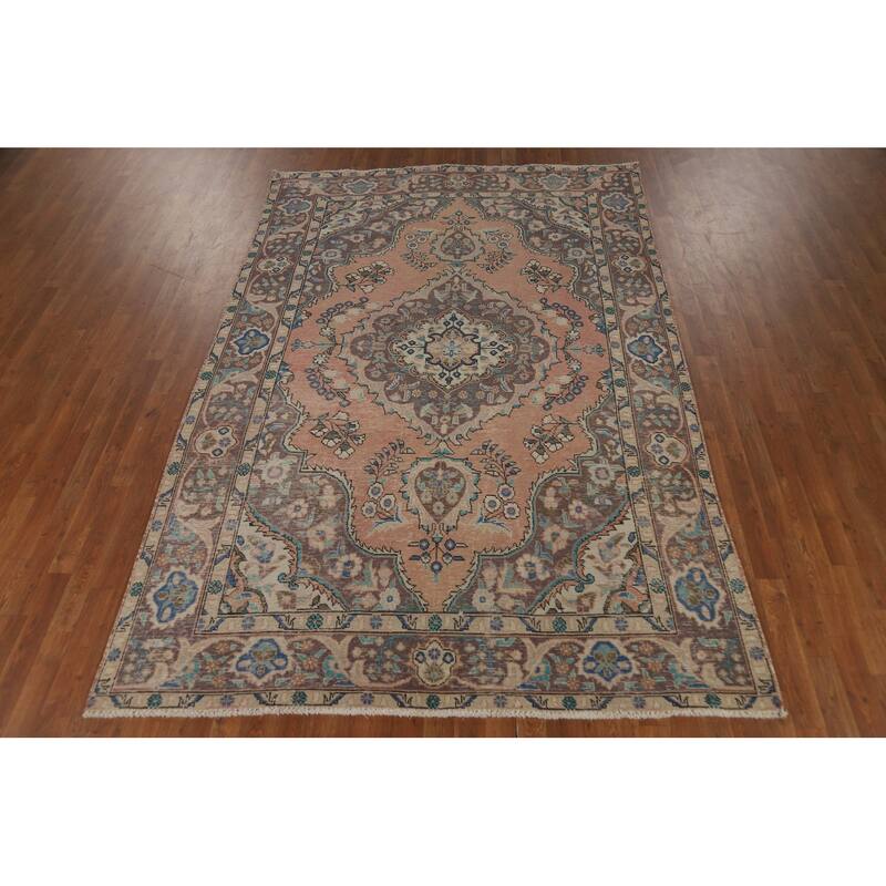 Vintage Medallion Tabriz Persian Area Rug Handmade Wool Carpet - 6'4" x 9'7"