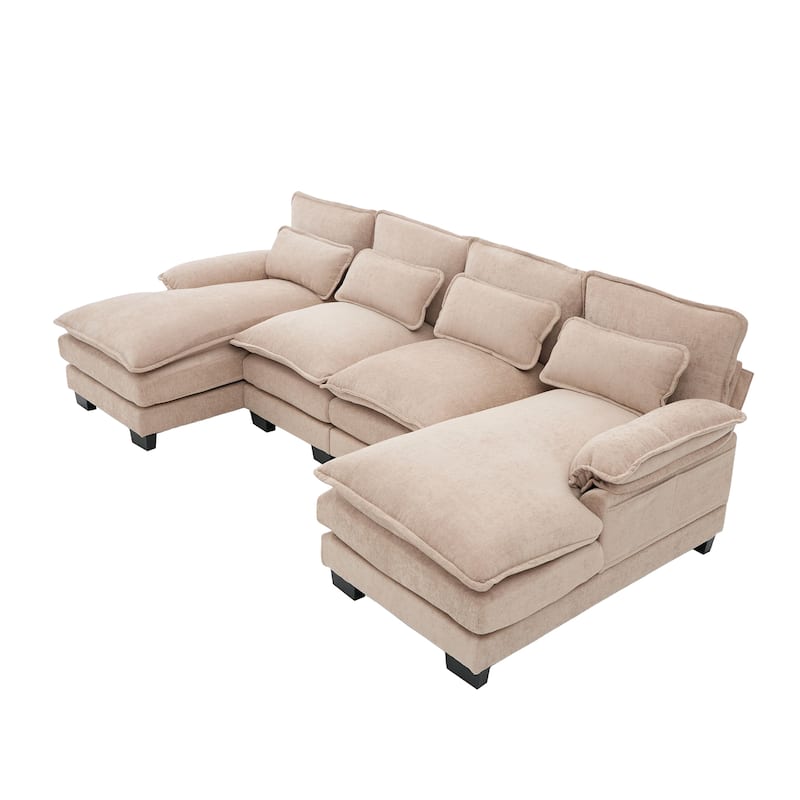 Symmetrical Chenille Upholstered Sectional Sofa U-shaped Cloud Couch with Double Chaise, Side Pockets and Double-layer Cushions