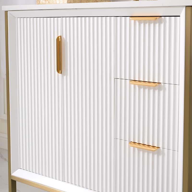 35''H Solid Wood Bathroom Vanity With Carrera White Quartz Top and Sink,White