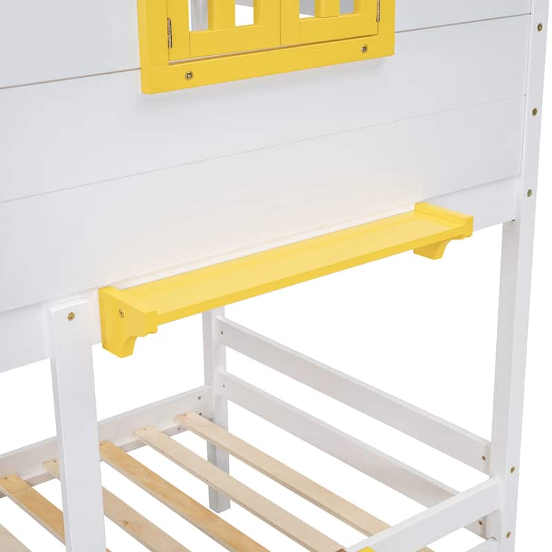 Twin Over Twin Bunk Bed with Drawers, Storage Box, Shelf, Window and Roof