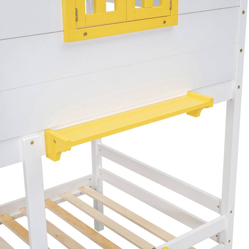 White Twin over Twin Bunk Bed with Storage, Drawers, Shelf, Window and Roof Design