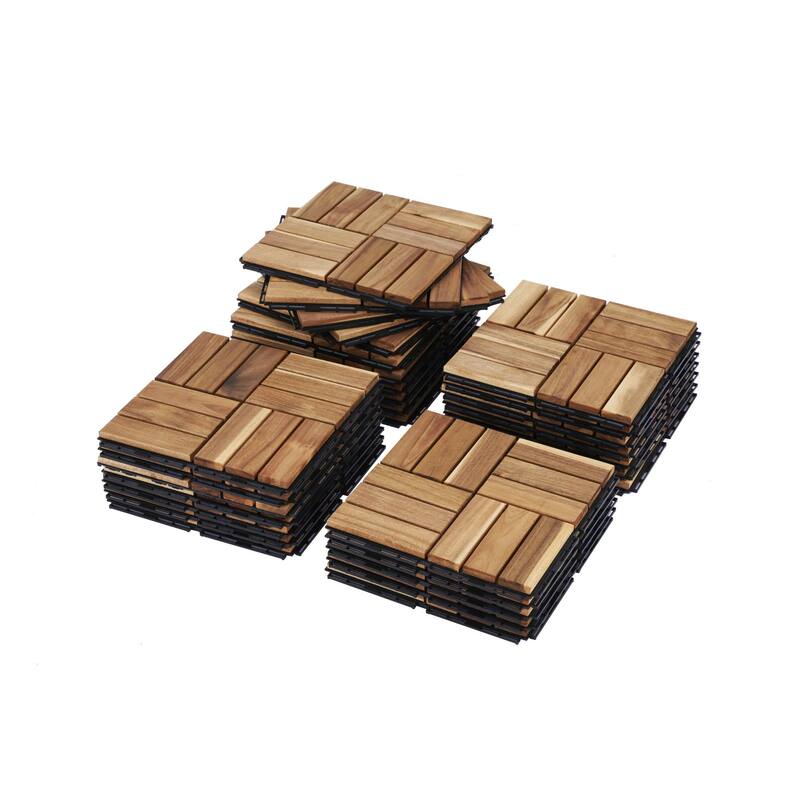 20 PCS Interlocking Deck Tiles Checker Pattern, 12" x 12"Square Acacia Hardwood Outdoor Flooring for Patio,Bancony,Pool Side