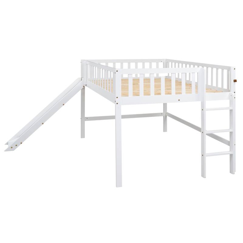 Full Size Low Loft Bed with Slide and Ladder, Space-Saving Design, White