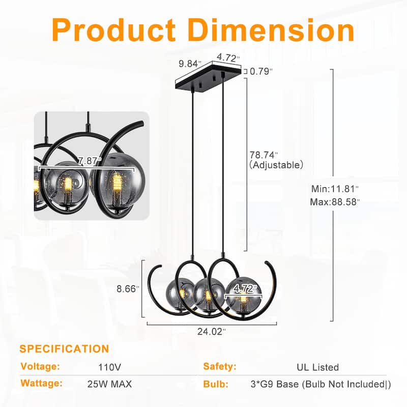 Modern 3-Light Black Spiral Pendant Light with Smoky Gray Glass Shades - Dia.24-in