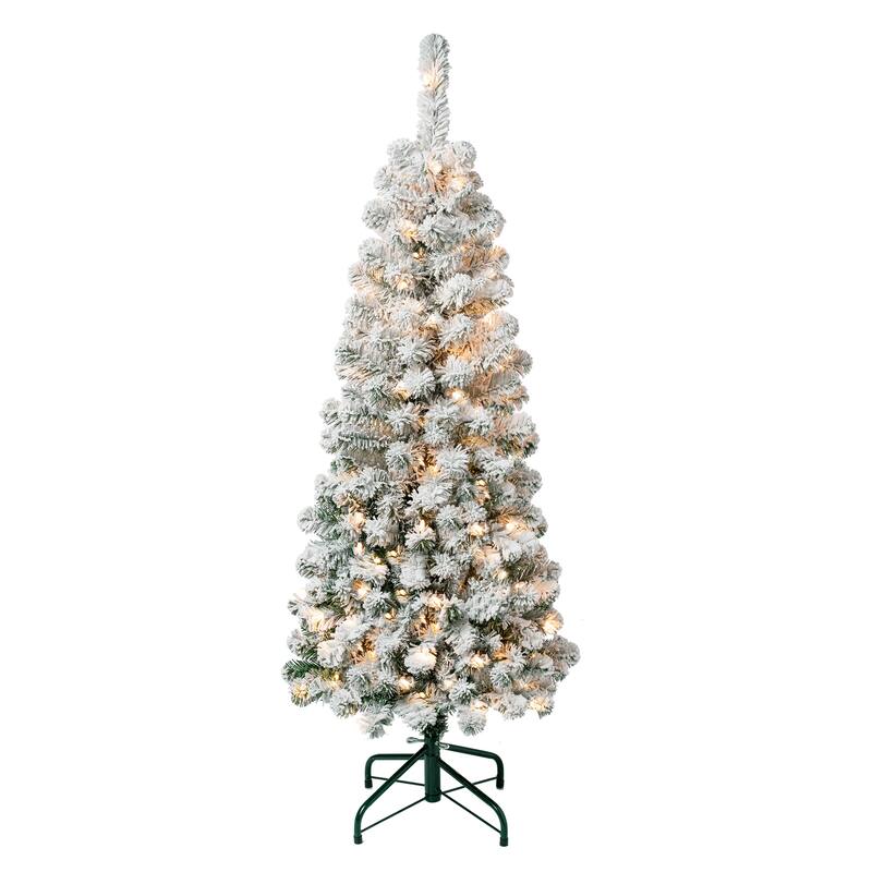 National Tree Company 4.5 ft. Acacia Pencil Slim Flocked Tree with Clear Lights - 4.5 Foot