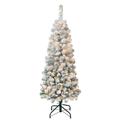National Tree Company 4.5 ft. Acacia Pencil Slim Flocked Tree with Clear Lights - 4.5 Foot