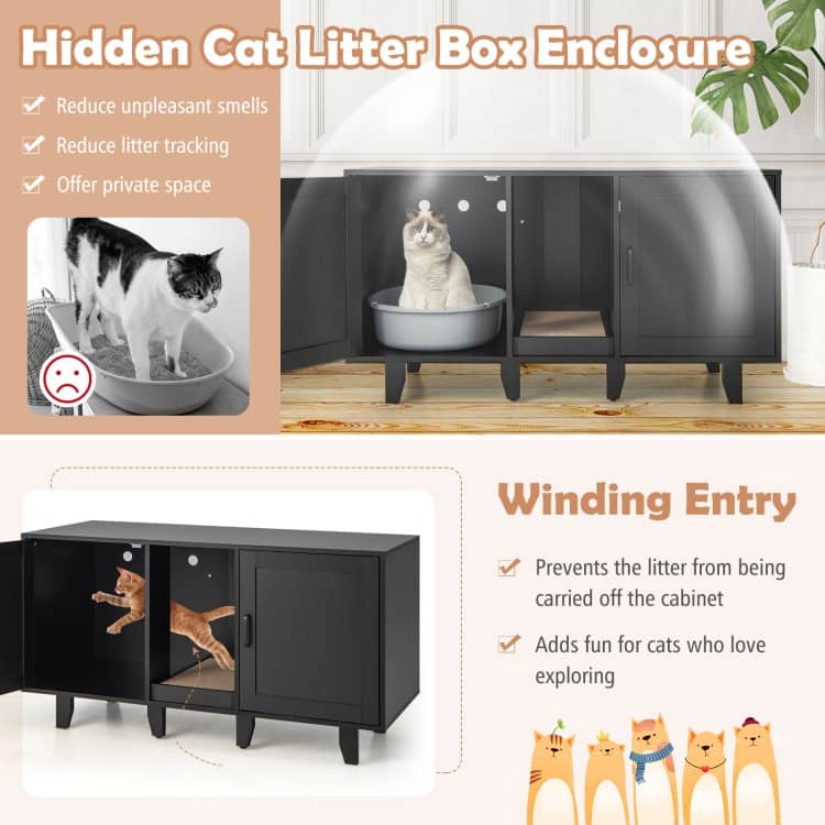 2-Door Cat Litter Box Enclosure with Winding Entry and Scratching Board