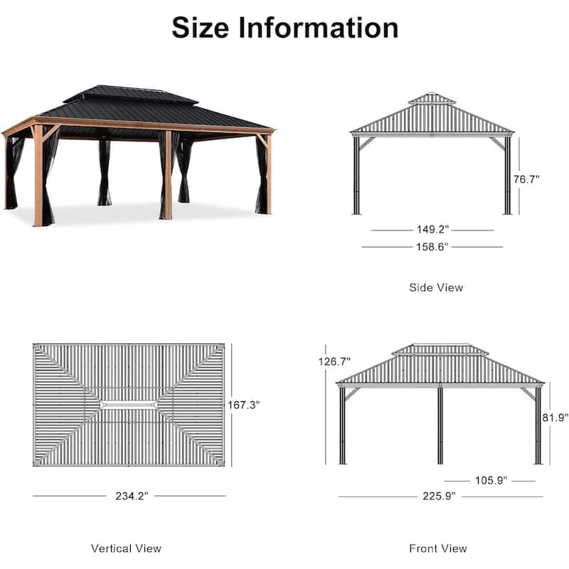 PURPLE LEAF Hardtop Gazebo Galvanized Steel Roof Gazebo Pergola w Wooden Coated Alumninum Frame and Mosquito Net