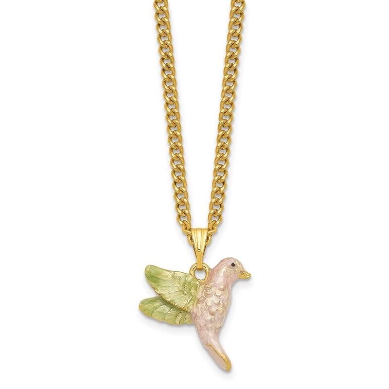 Curata Pewter Crystals Gold-Tone Enameled Harlow Purple Box/Flower/Hummingbird Trinket Box on 18 Inch Necklace