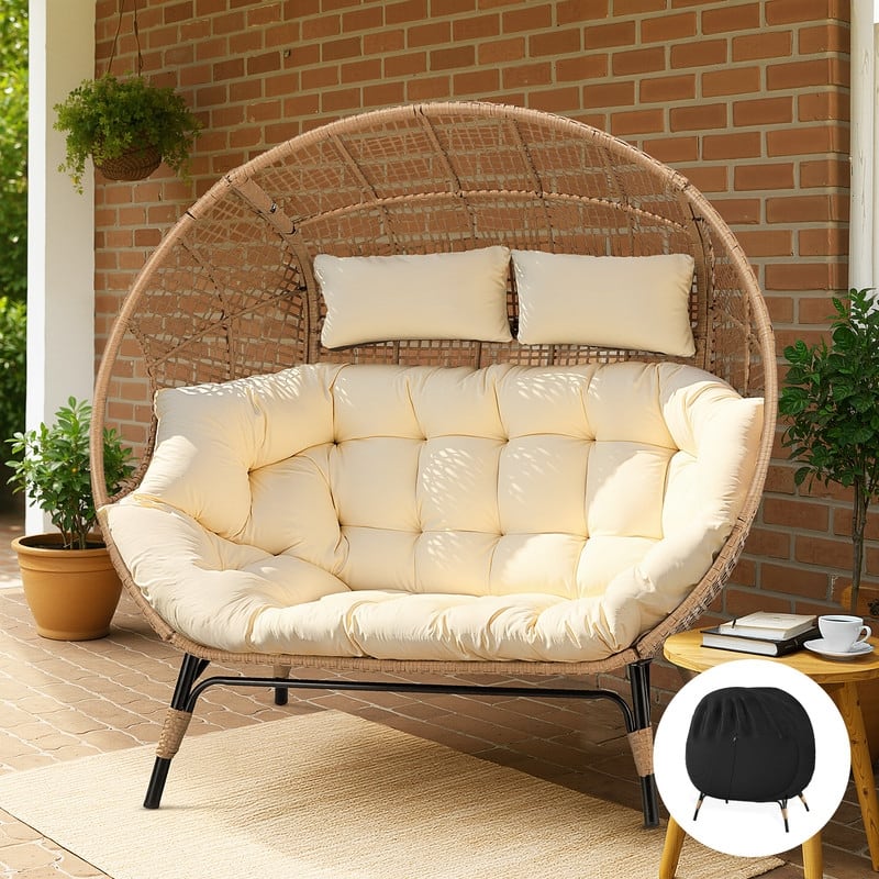 FINCATI 2-Person Wicker Egg Chair, 680 lb Capacity - Beige/Cover