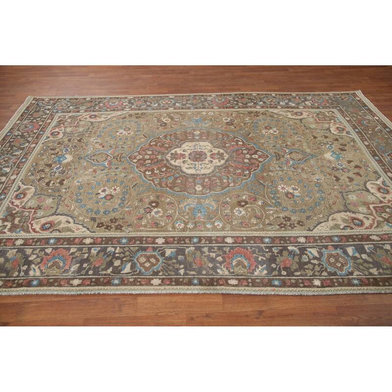 Hand Knotted Oriental 100% Wool Carpet Traditional Floral Green Tabriz Area Rug - 9' 5'' X 6' 4''