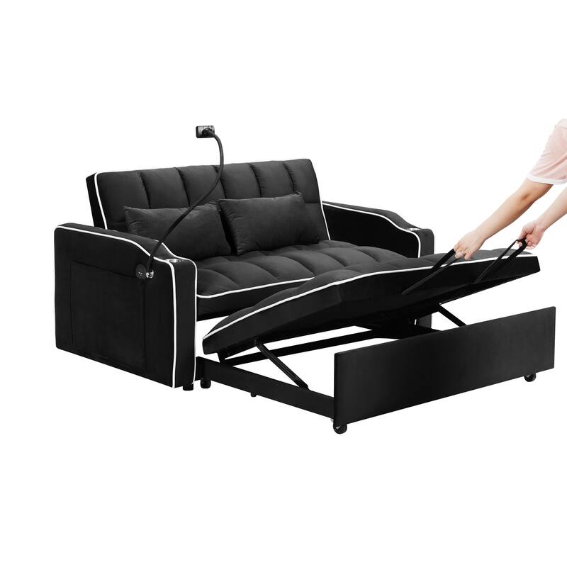 3-in-1 Velvet Convertible Sleeper Sofa Bed, 2-Seat Futon Sofa Bed with USB Port, Adjustable Back, Ashtray & Swivel Phone Stand聽