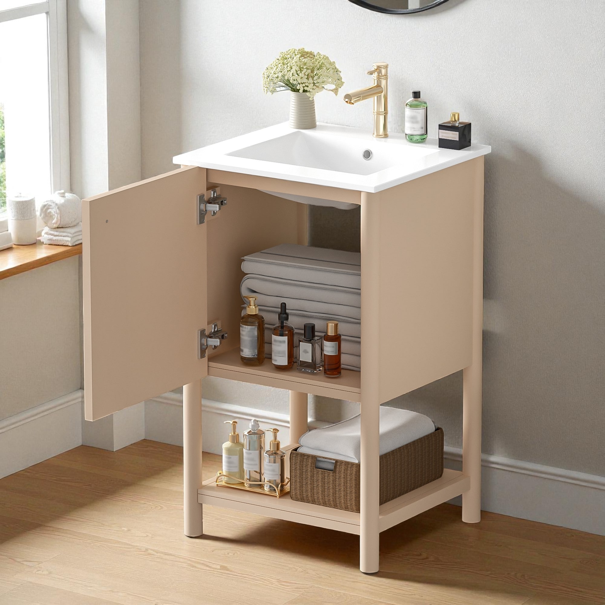 20-Inch Freestanding Bathroom Vanity with Ceramic Sink, MDF Cabinet with Soft-Close Door and Metal Round Knob, French Style