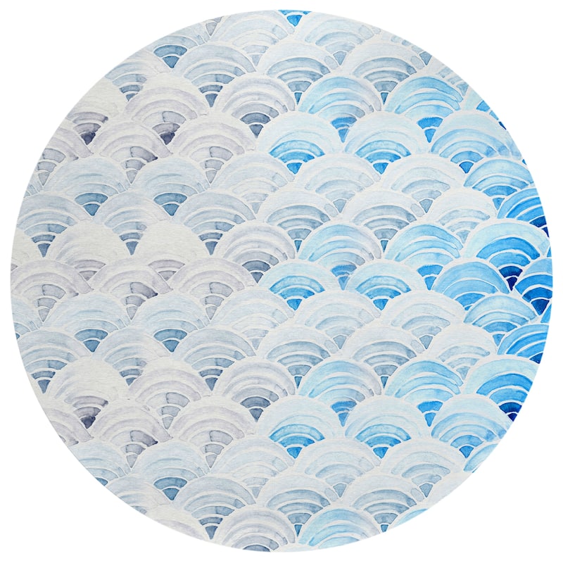 Indoor/ Outdoor Surfside Wave Washable Rug New - Blue - 8' x 8'