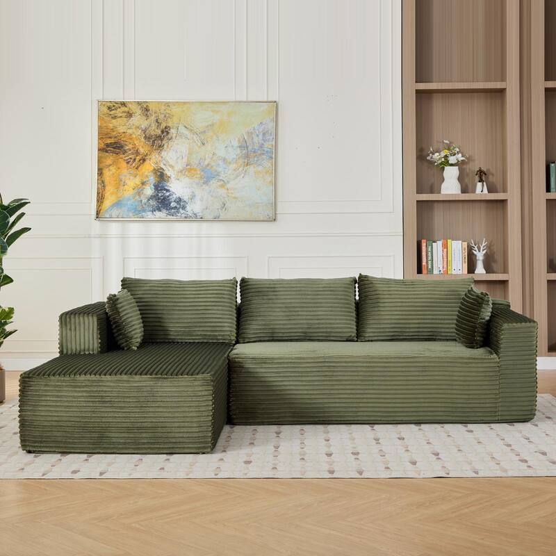 Boneless L-shaped Sectional Sofa with Chaise, Modular Sleeper Sofa Bed Corduroy Compression Deep Seat Sectional Couch - Green