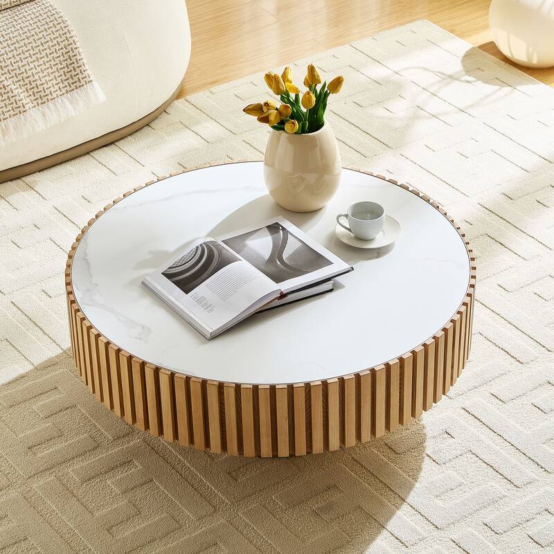 Luxury Round Coffee Table with Faux Marble Top, 35.43" Modern Low Drum Shape Cocktail Table for Living Room, Reception Room
