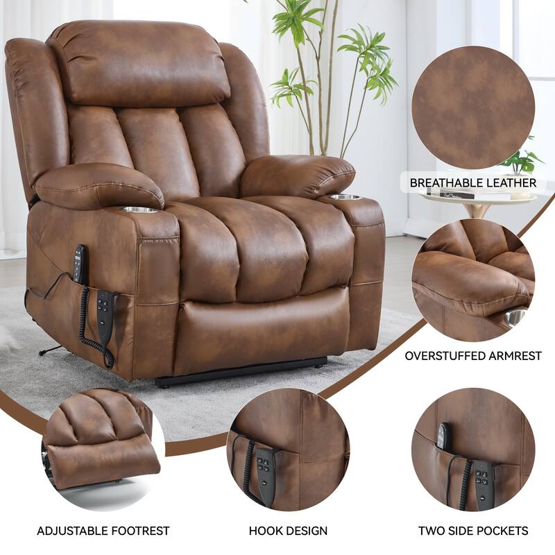 Oversized Faux Leather Power Lift Recliner with Massage & Heating