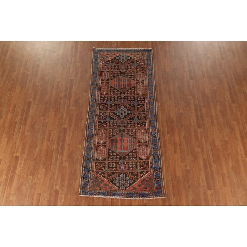 Brown Bakhtiari Persian Vintage Runner Rug Handmade Wool Carpet - 3'10"x 9'6"