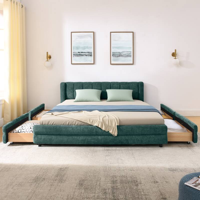 Queen Upholstered Bed Frame with Storage Drawer, Thick Padded Headboard & Solid Frame in Chenille Fabric